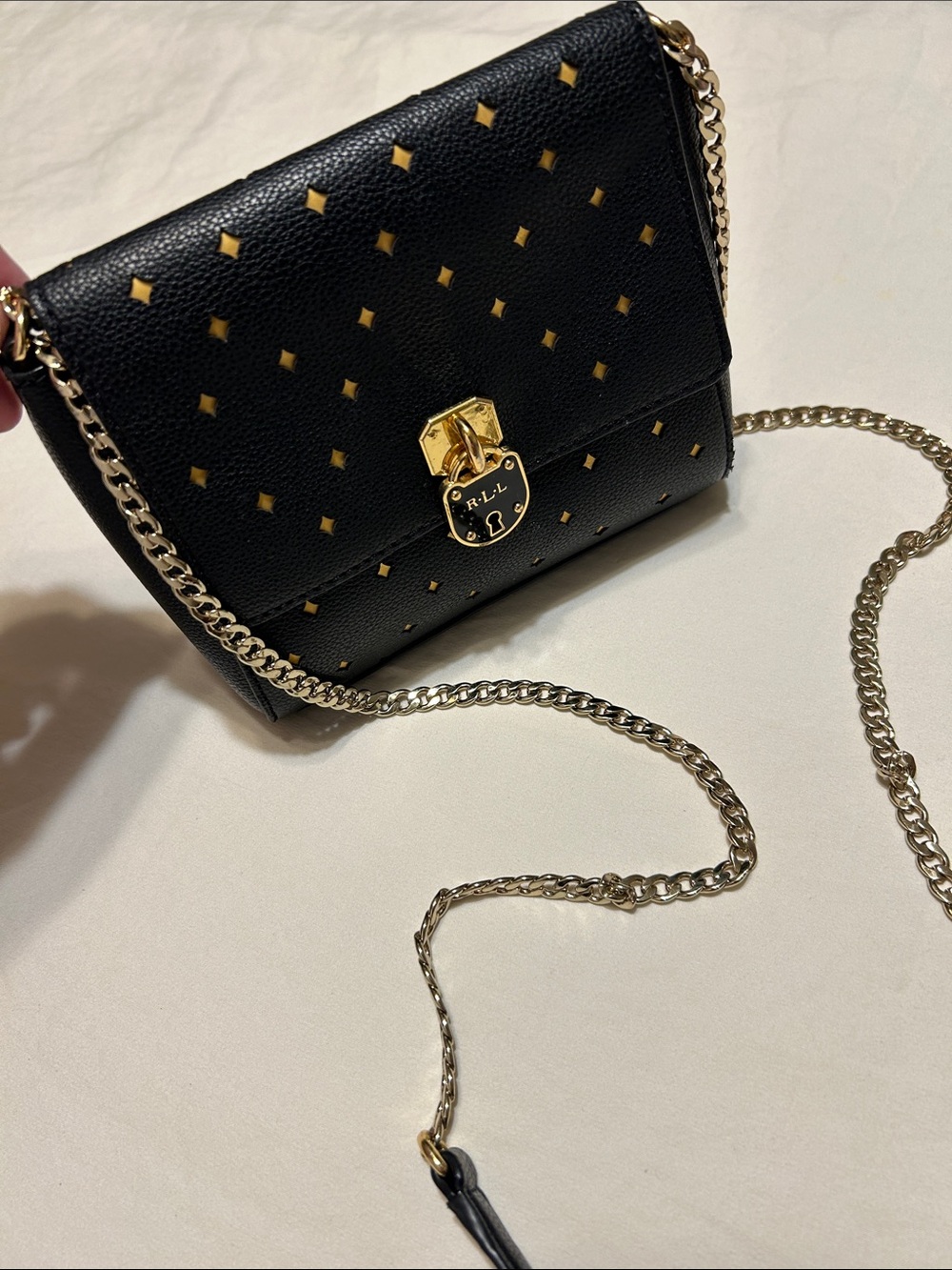 Black Leather Crossbody Bag with Gold Studs and Chain